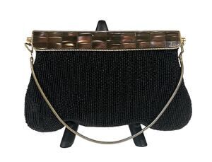 Vintage Beaded Evening Purse Clutch Handbag Black w/ Amber Abalone Shell Clasp
